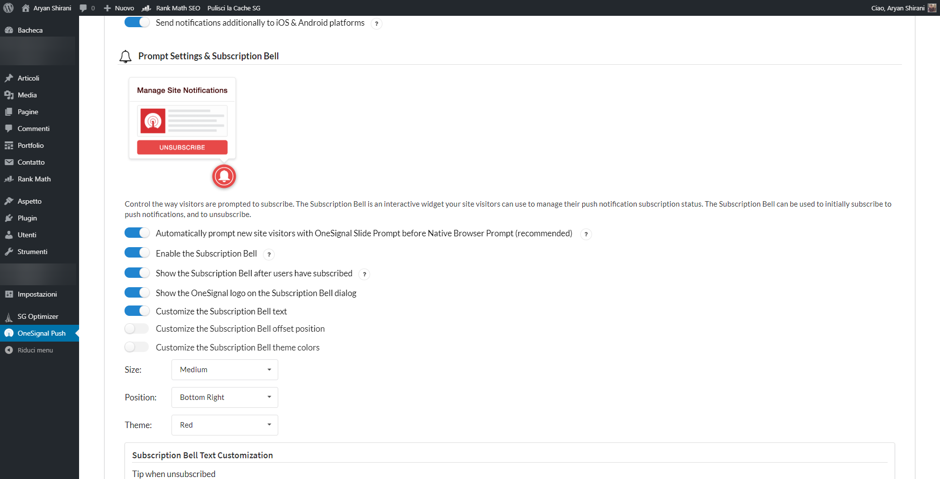 Impostazioni prompt e campanello di sottoscrizione notifiche push Onesignal per WordPress