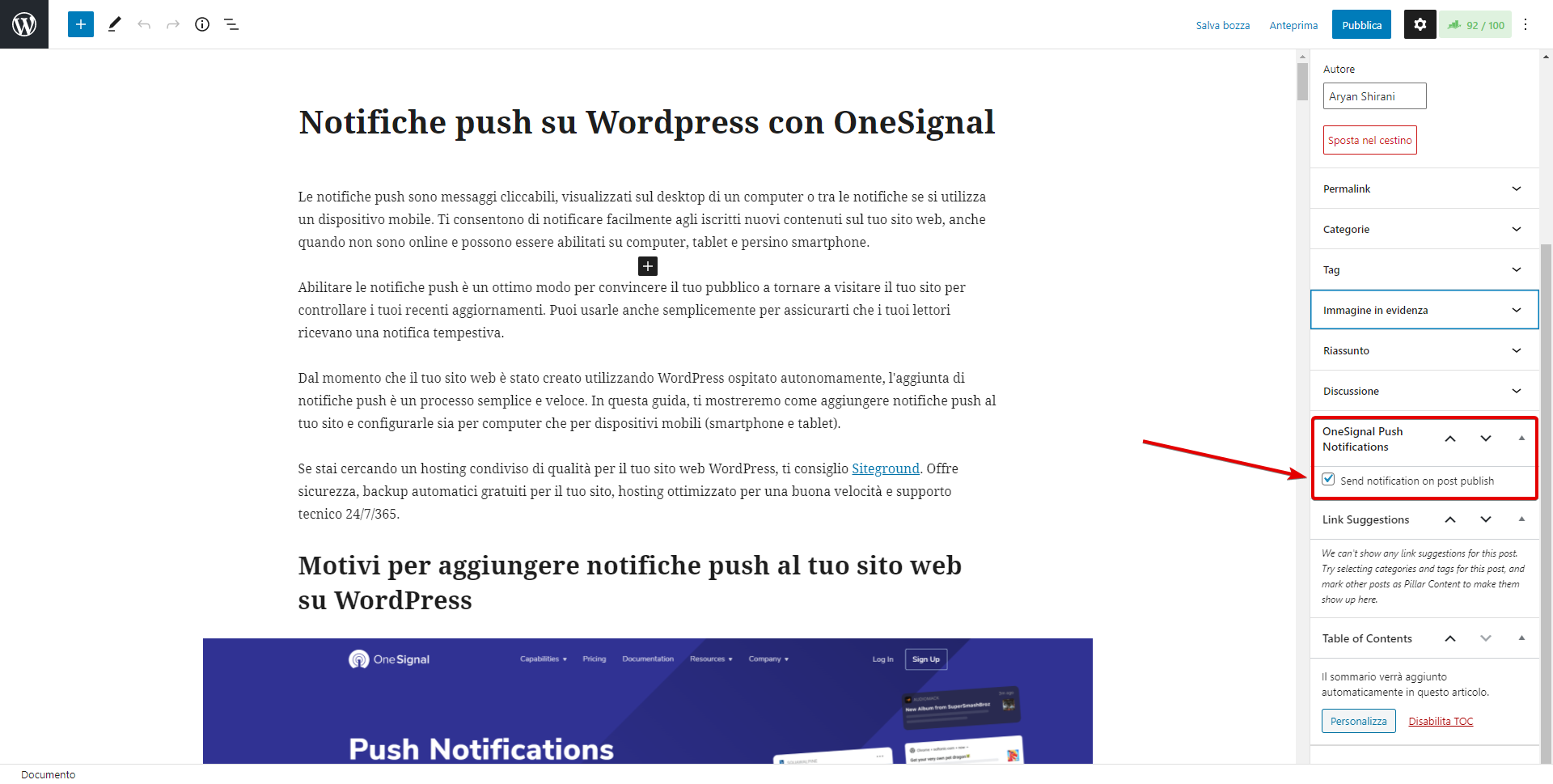 Invia notifica push dopo aggiornamento onesignal wordpress