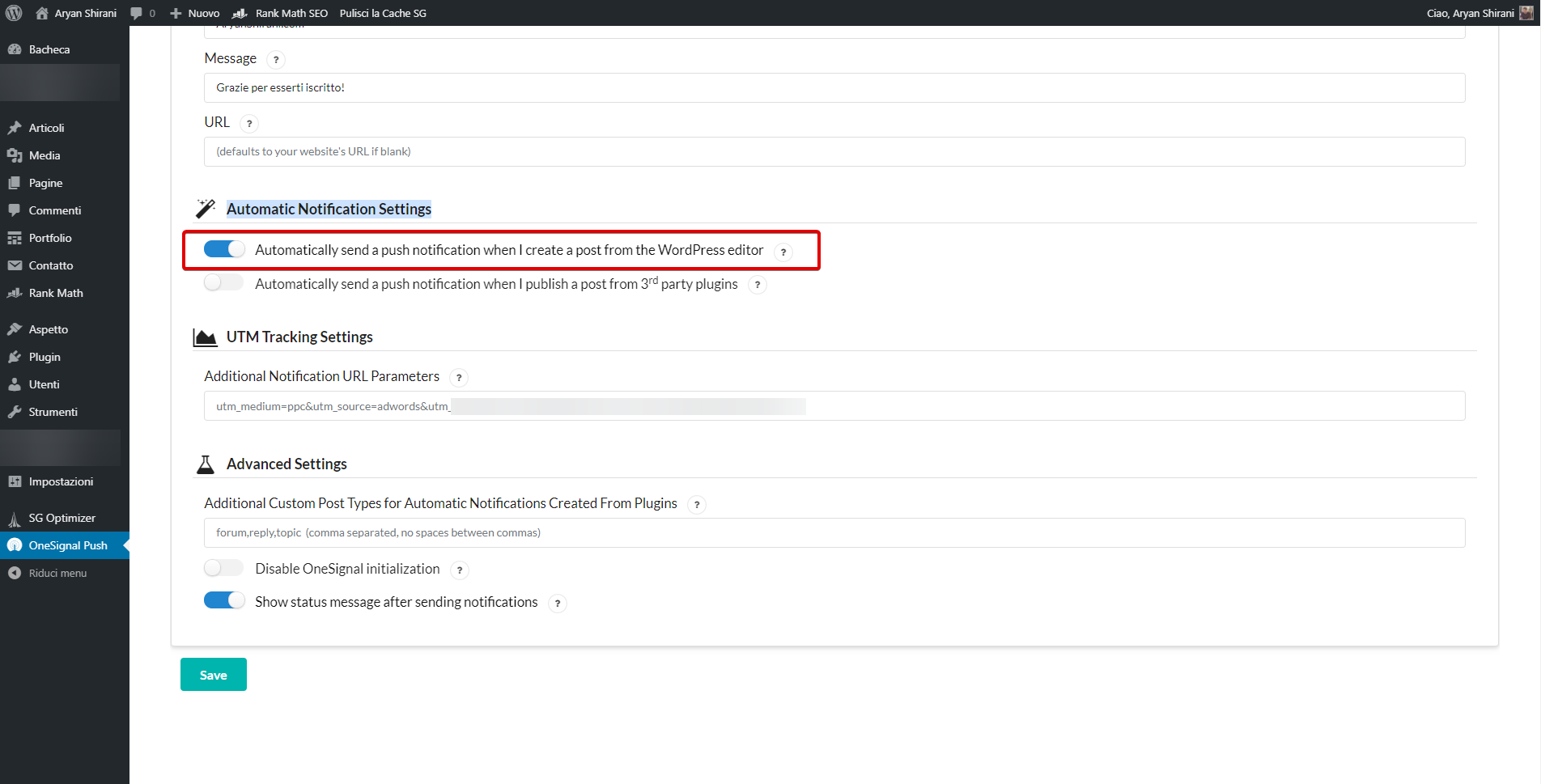 Impostazioni di notifica push automatica Onesignal per wordpress