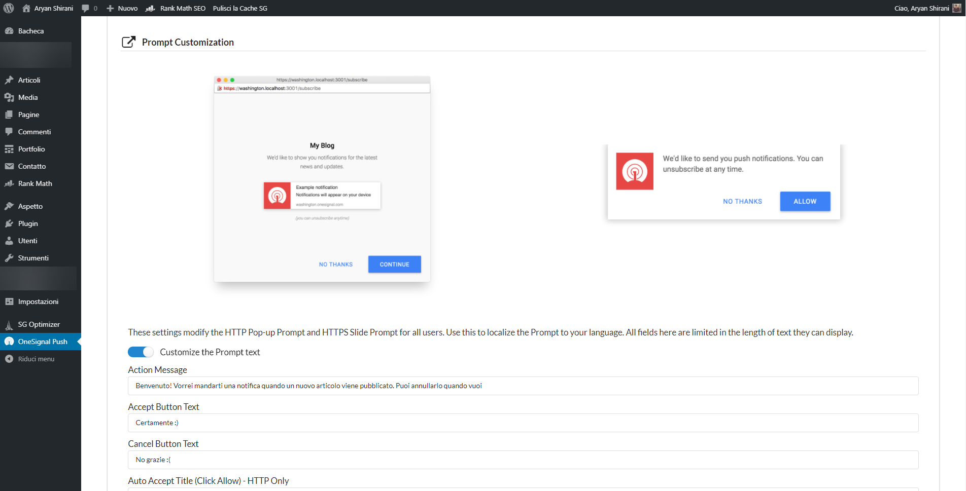 Messaggi personalizzati nel pop up di notifica push OneSignal per WordPress